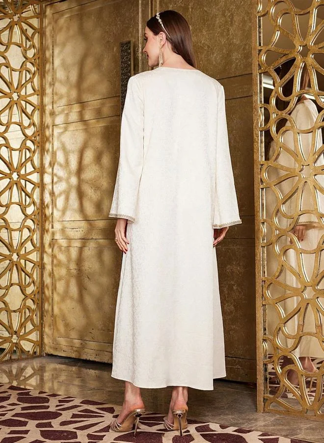 Take Two Beige V Neck Embroidered Panel Jalabiya